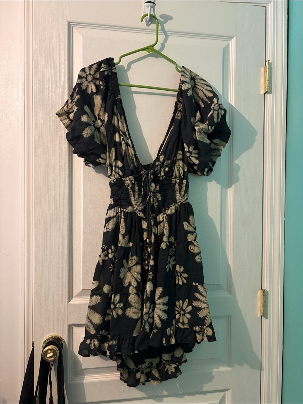 Free People Black Floral Puff Sleeve Mini Dress